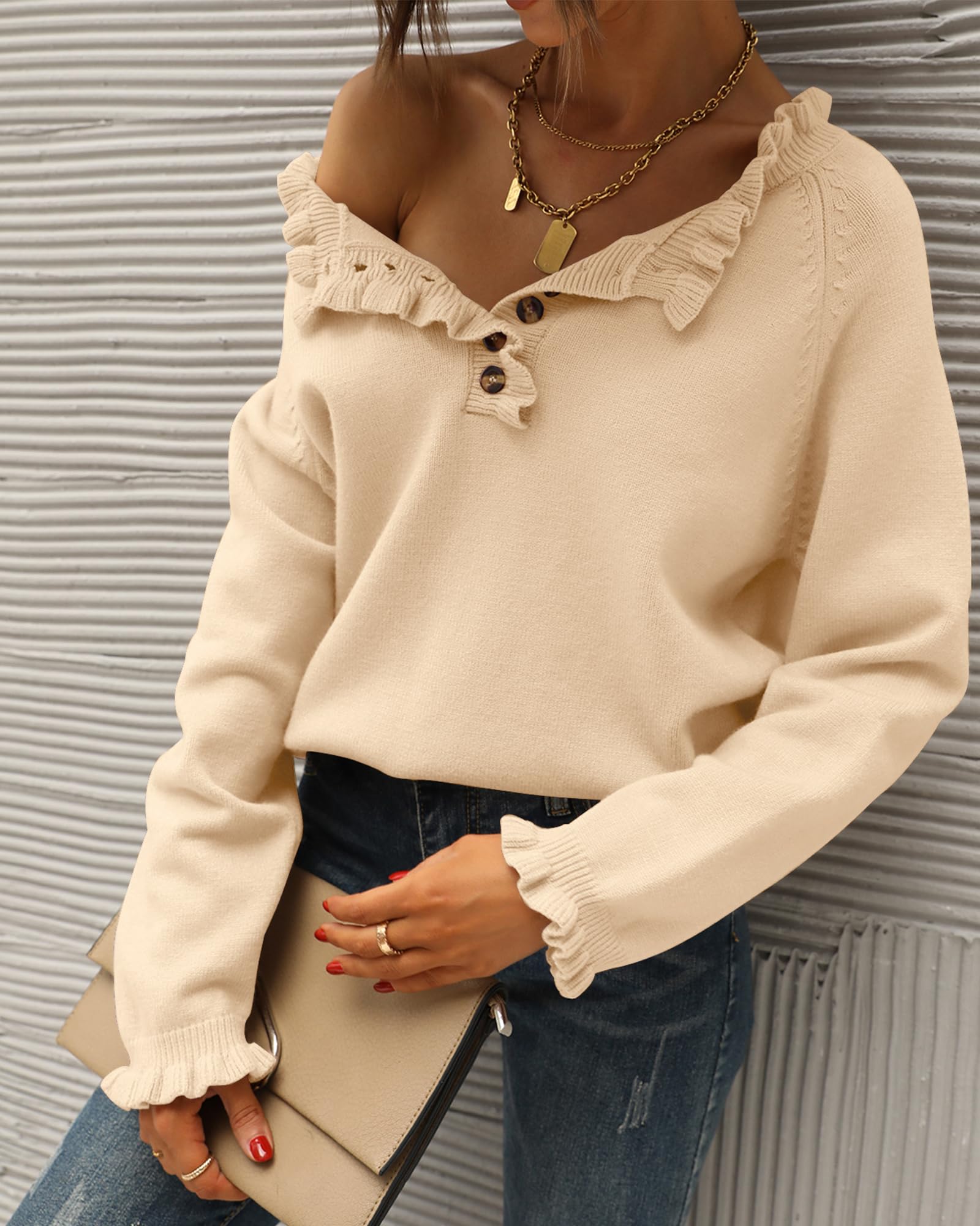 Women's Casual Knitted Button Ruffle Pullover Sweater