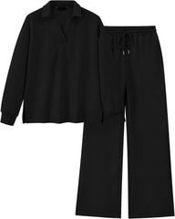Women's Lapel V Neck Textured Lounge Sets