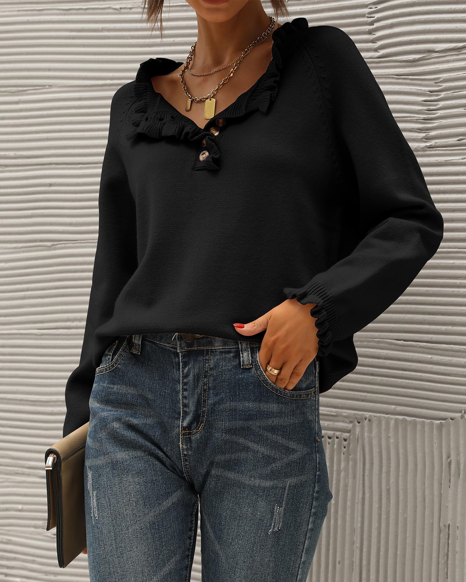Women's Casual Knitted Button Ruffle Pullover Sweater