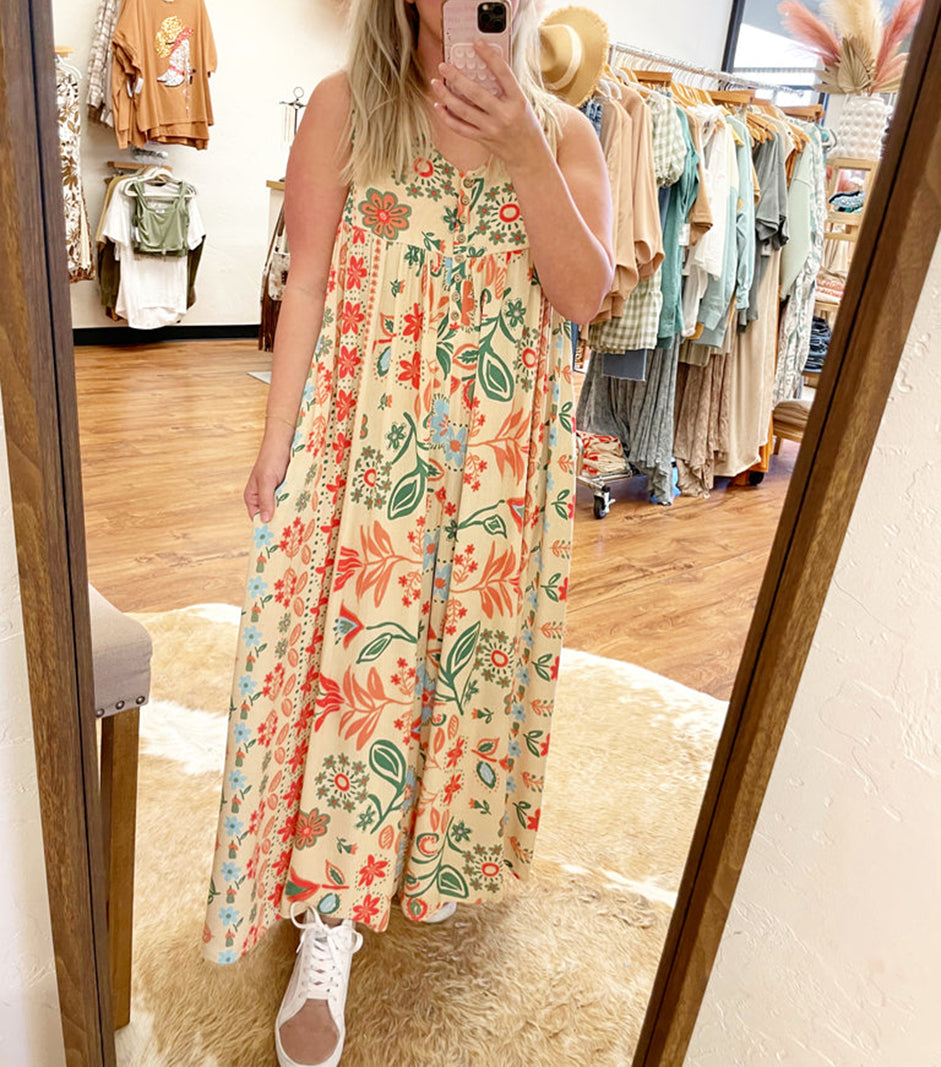 Vintage Floral Print Loose Sleeveless Jumpsuit