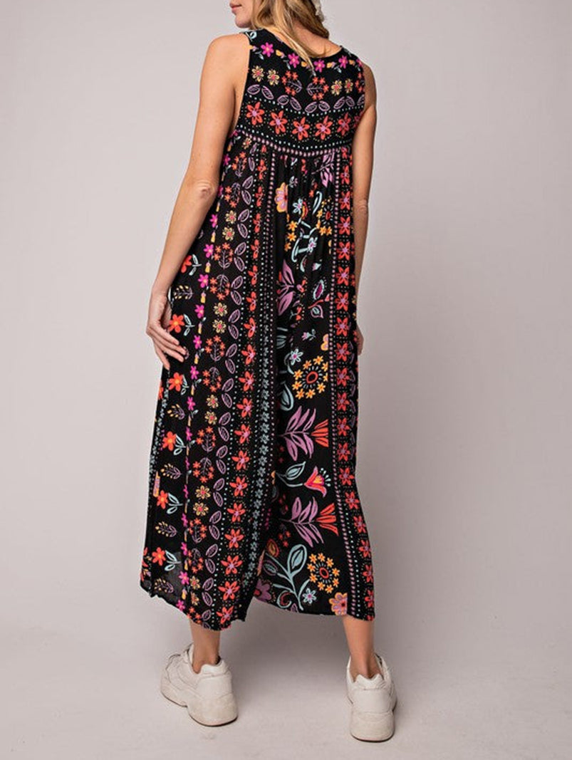 Vintage Floral Print Loose Sleeveless Jumpsuit