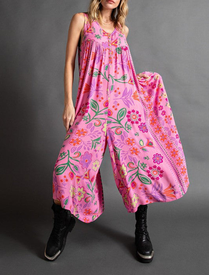 Vintage Floral Print Loose Sleeveless Jumpsuit