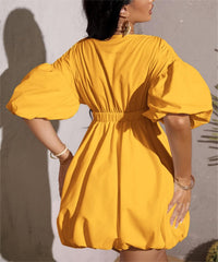 Women's Deep V-Neck Puffy Sleeve Elasticated High Waist Flared Dress