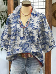Women's V-neck Ruffle Collar Printed Shirts