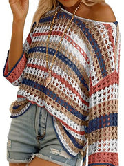 Women's 3/4 Sleeve Hollow Out Color Block Striped Tops