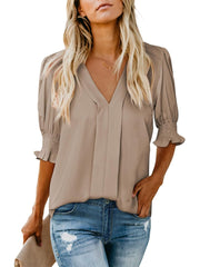 Women's Solid Casual V Neck Puff Sleeve Shirts