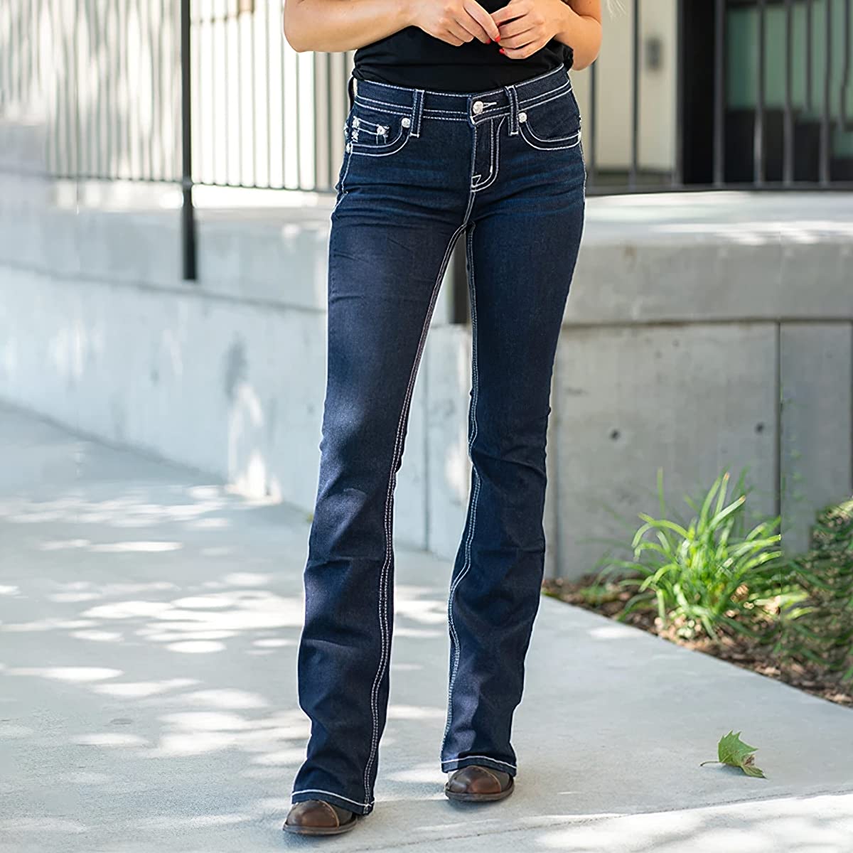 Women's Feather Embroidery High Waist Stretchy Casual Wide Leg Denim Pants