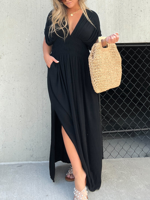 V-neck Dress With Slit And Gathered Waist
