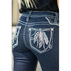 Women's Feather Embroidery High Waist Stretchy Casual Wide Leg Denim Pants