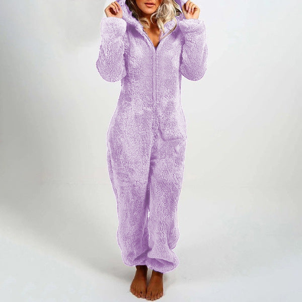 Women's Pajamas Furry Zipper Jumpsuit Hooded Pajamas