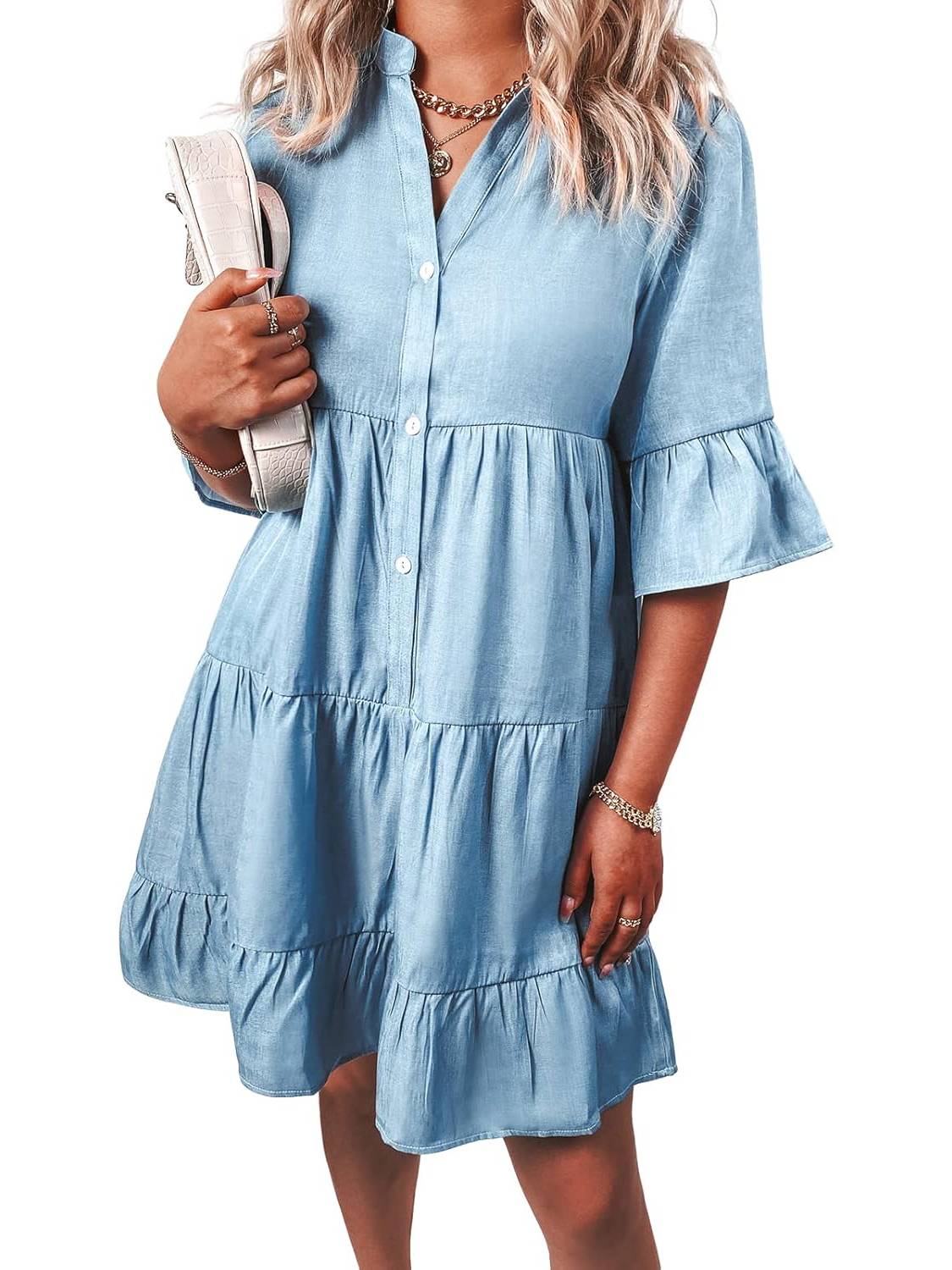 Women¡®s Casual V Neck Ruffle Short Sleeve Summer Dress