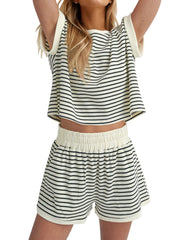 Women's 2 Piece Ribbed Striped Short Sets