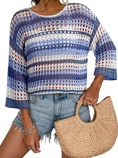 Women's 3/4 Sleeve Hollow Out Color Block Striped Tops