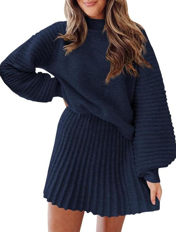 Women's Ribbed Sweater Two Piece Skirt Sets