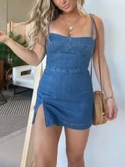 Women's Strappy Denim Zipper Romper Dress