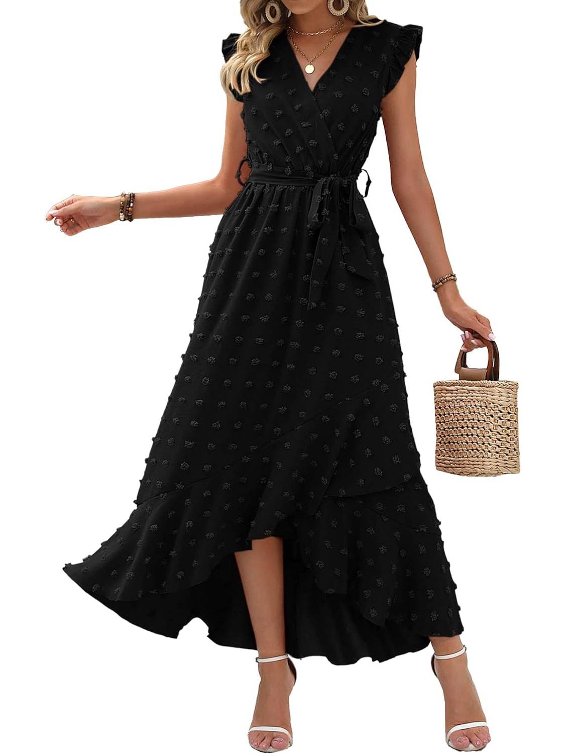 Women's Ruffle Cap Sleeve Swiss Dot Boho Maxi Dress