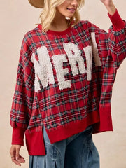 "MERRY" Fuzzy Letter Patches Christmas Plaid Sweatshirt