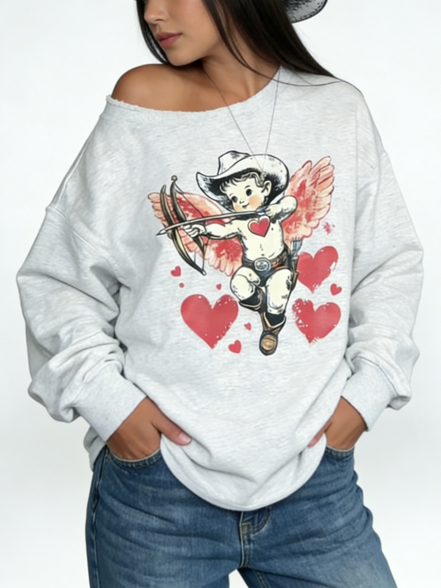 Women's Valentine's Day Cupid Cold Shoulder Sweatshirt