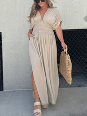 V-neck Dress With Slit And Gathered Waist