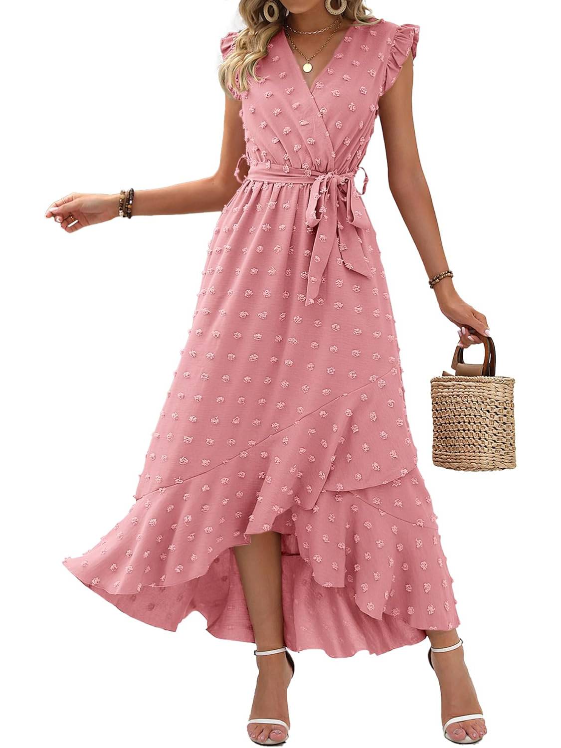 Women's Ruffle Cap Sleeve Swiss Dot Boho Maxi Dress