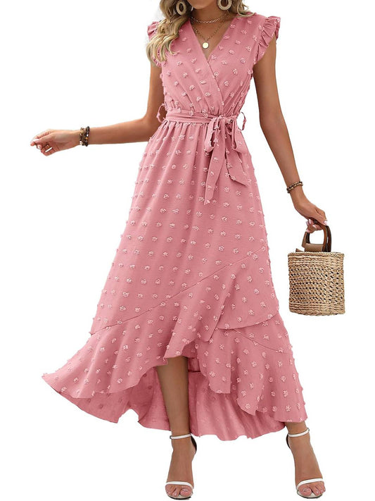 Women's Ruffle Cap Sleeve Swiss Dot Boho Maxi Dress