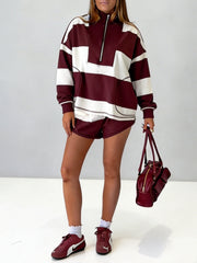 Women's Oversized Half-Zip Striped Two-Piece Sweatsuit