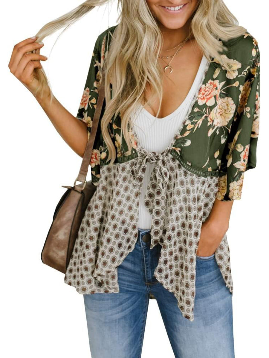 Summer Floral Kimono Ruffle Sleeve Tie Cardigans