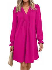 Women's V Neck Long Sleeve Ruffle Classic Dress