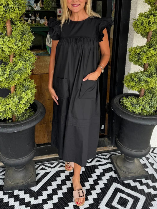 Women's Flutter Sleeve Pocket Midi Shift Dress