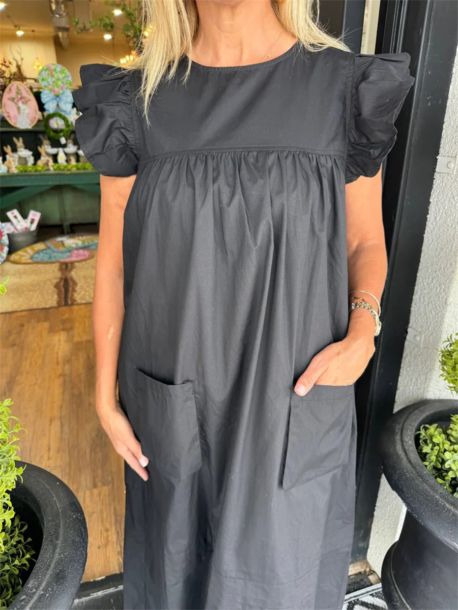 Women's Flutter Sleeve Pocket Midi Shift Dress