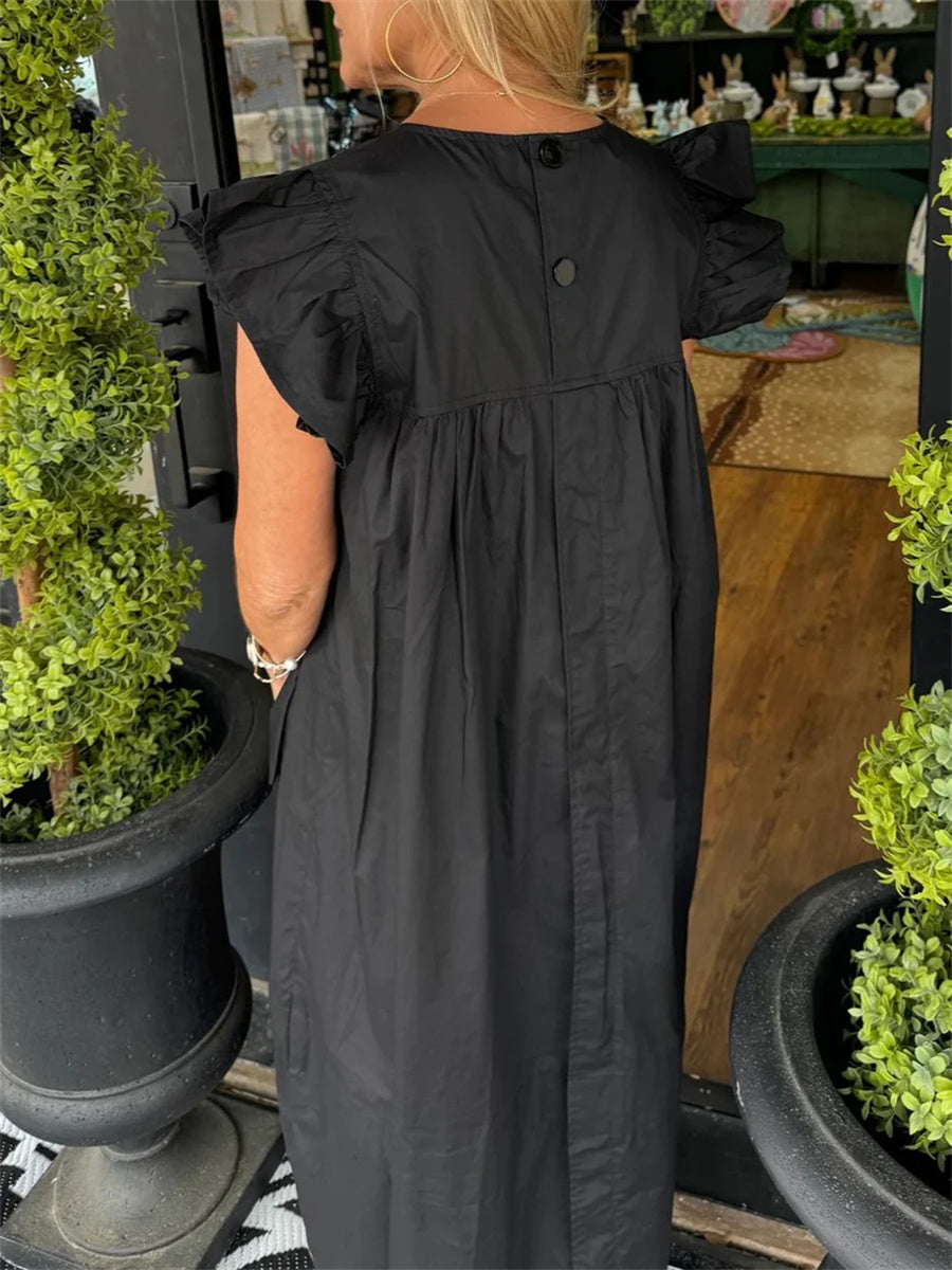 Women's Flutter Sleeve Pocket Midi Shift Dress