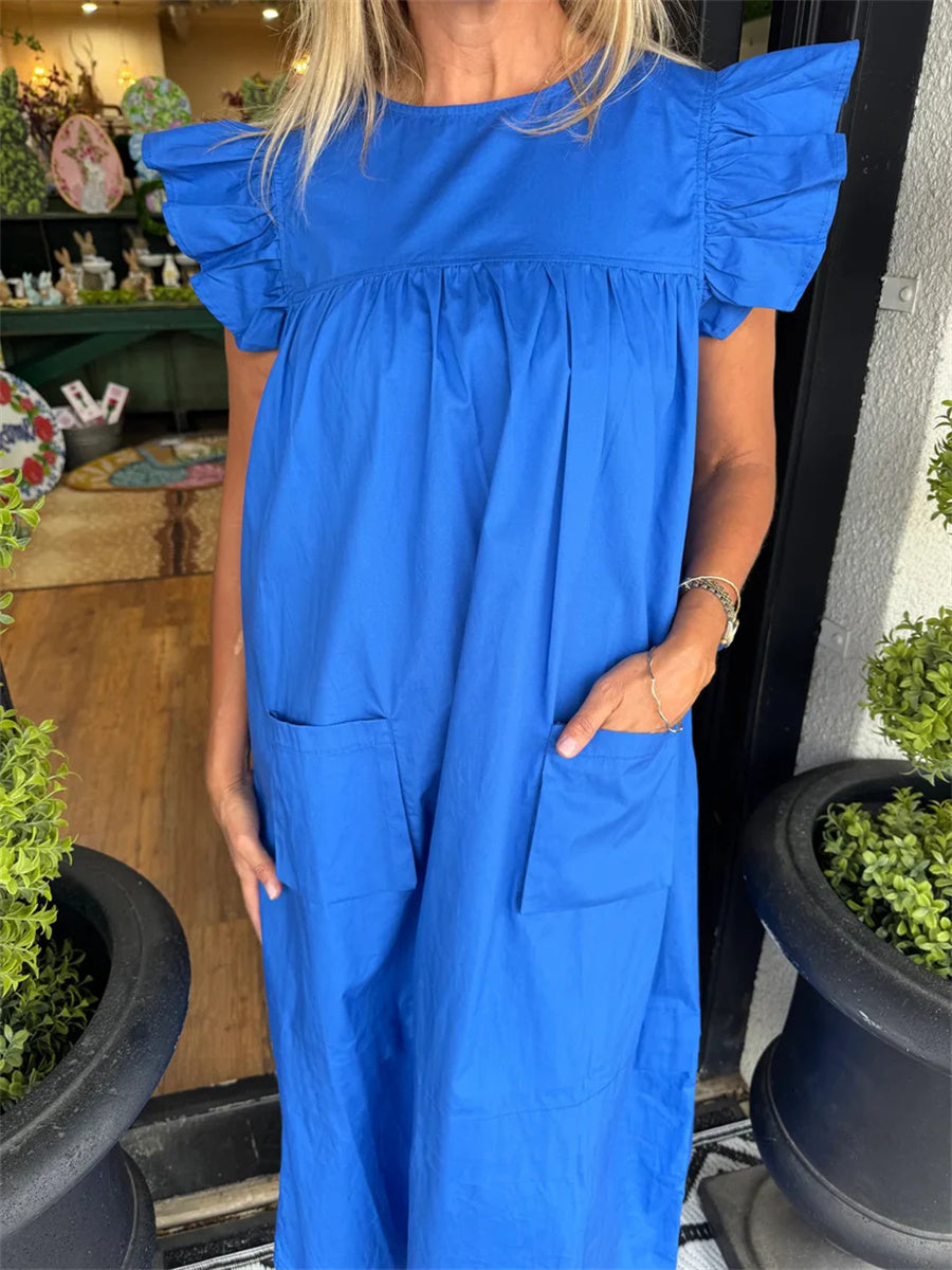Women's Flutter Sleeve Pocket Midi Shift Dress