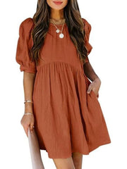 Women's Round Neck Puff Sleeve Baby Doll Dress