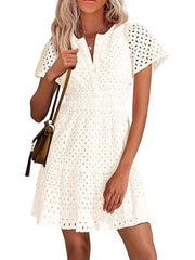 Women's V Neck Smocked Waist Eyelet Dress
