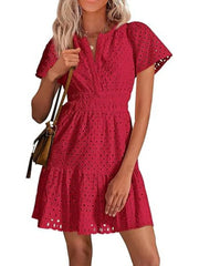 Women's V Neck Smocked Waist Eyelet Dress