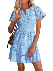 Women's V Neck Smocked Waist Eyelet Dress