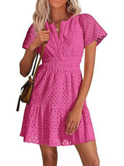 Women's V Neck Smocked Waist Eyelet Dress