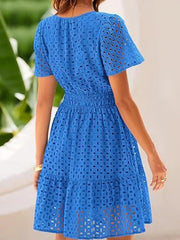 Women's V Neck Smocked Waist Eyelet Dress