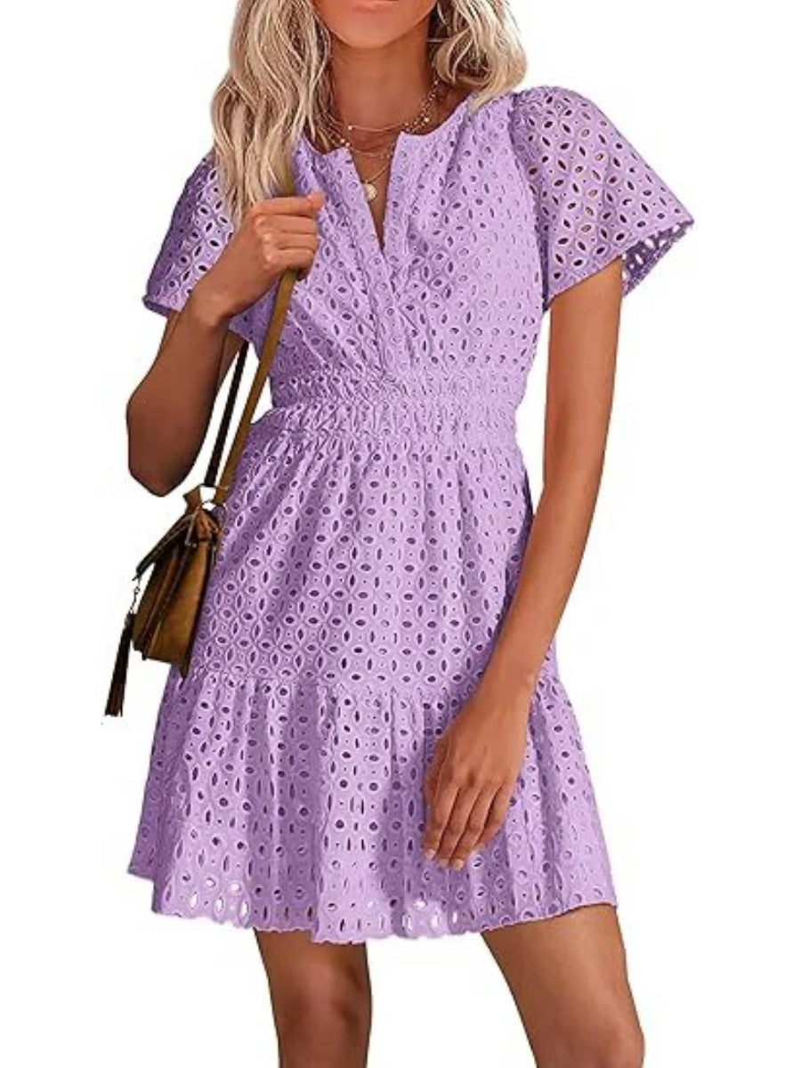 Women's V Neck Smocked Waist Eyelet Dress