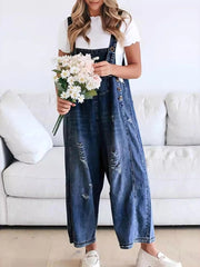 Women's Loose Fit Adjustable Strap Distressed Denim Bib Overalls
