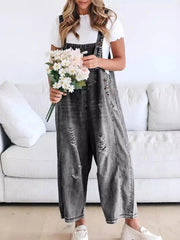 Women's Loose Fit Adjustable Strap Distressed Denim Bib Overalls