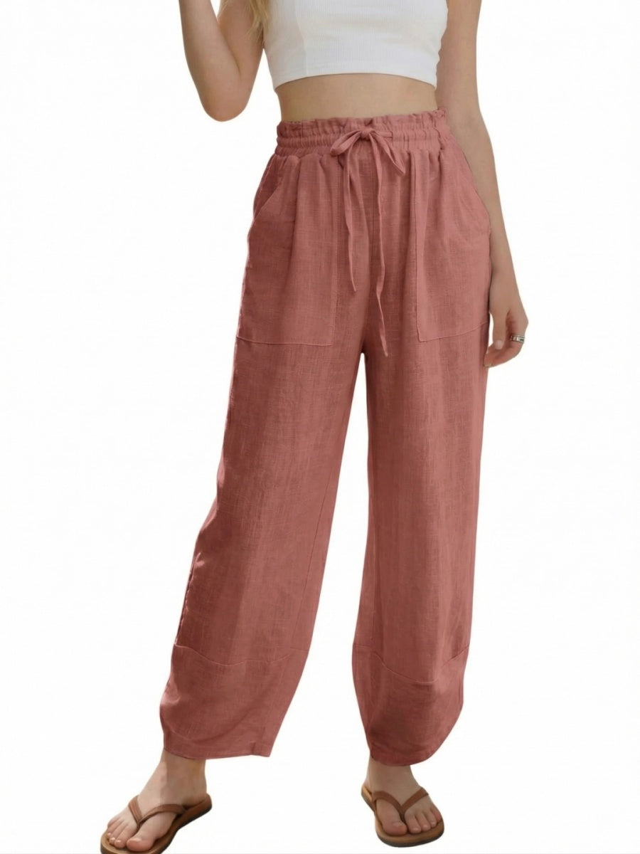 Women's Linen Loose Casual Capri Pants Elastic Waistband with Pockets