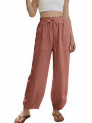 Women's Linen Loose Casual Capri Pants Elastic Waistband with Pockets