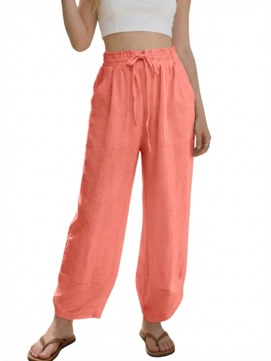 Women's Linen Loose Casual Capri Pants Elastic Waistband with Pockets