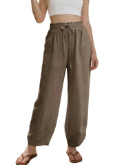 Women's Linen Loose Casual Capri Pants Elastic Waistband with Pockets