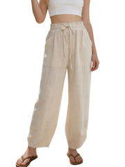 Women's Linen Loose Casual Capri Pants Elastic Waistband with Pockets