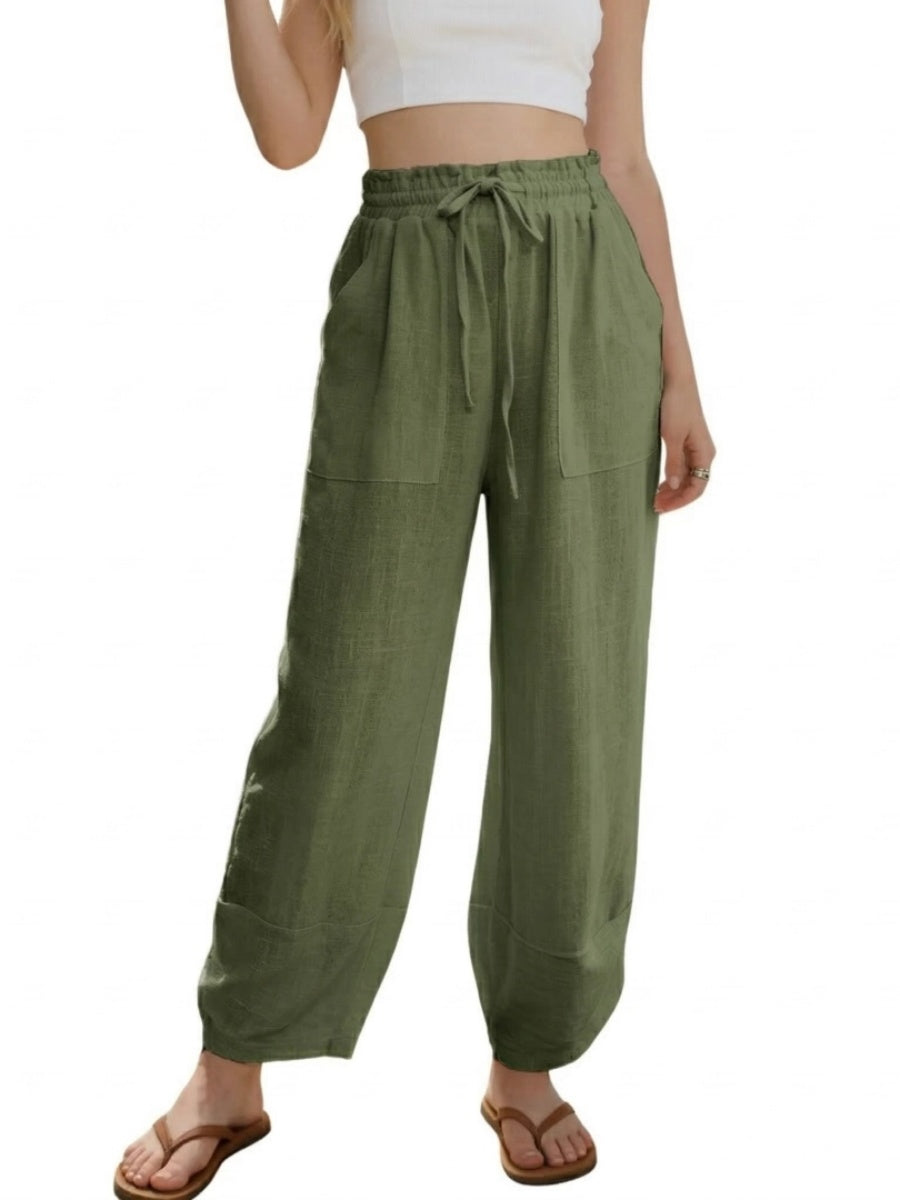 Women's Linen Loose Casual Capri Pants Elastic Waistband with Pockets