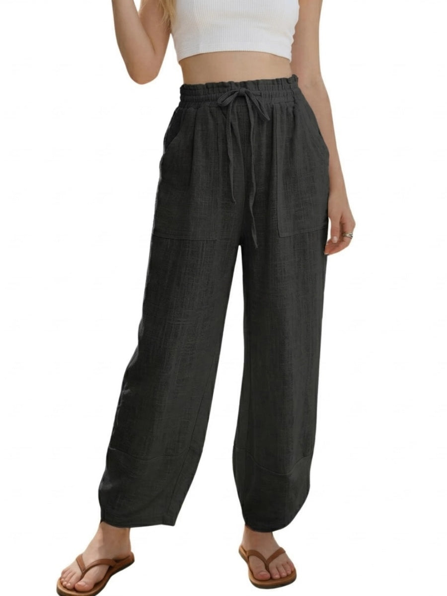 Women's Linen Loose Casual Capri Pants Elastic Waistband with Pockets