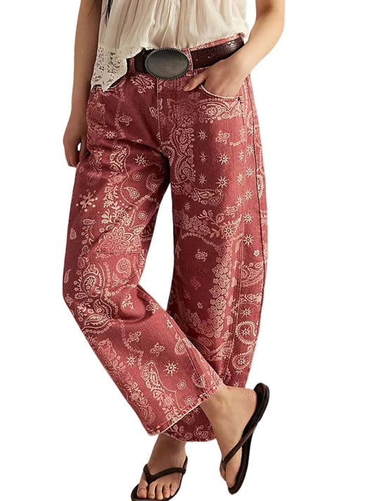 Women's Mid-rise Floral Print Cropped Loose Wide-leg Jeans