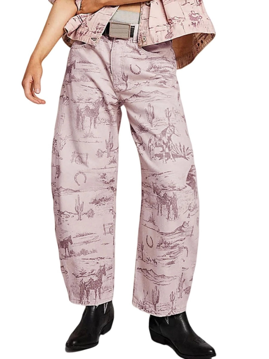 Women's Mid-rise Floral Print Cropped Loose Wide-leg Jeans